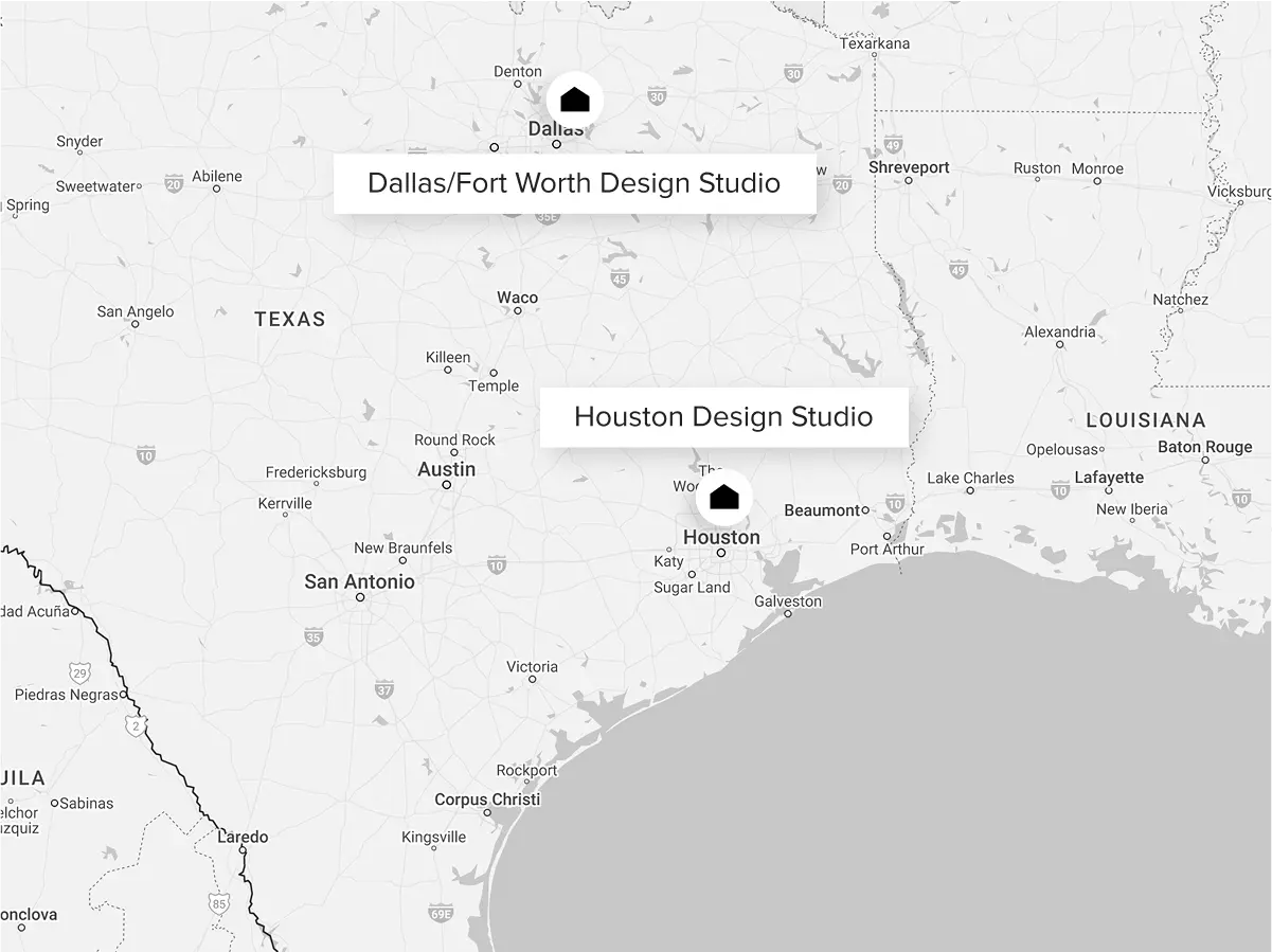 Map view of Design Studio locations for Dallas and Houston